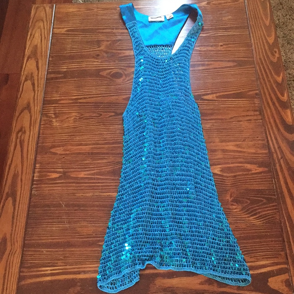 Blue Sequin See-Through Beach Coverup S